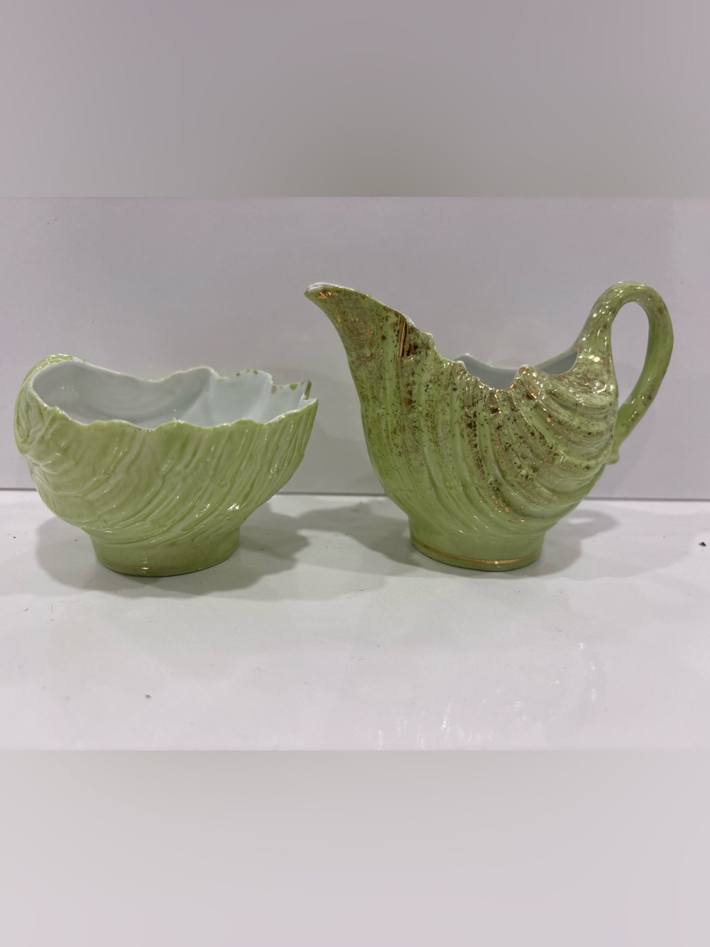 Vintage Green Porcelain Creamer &sugar Set, Shell Pattern, Gold Flecked, 3”
